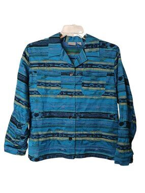 Chicos Jacket Sz 2 L Silk Blend Striped Button Blue & Green Tribal #L-24